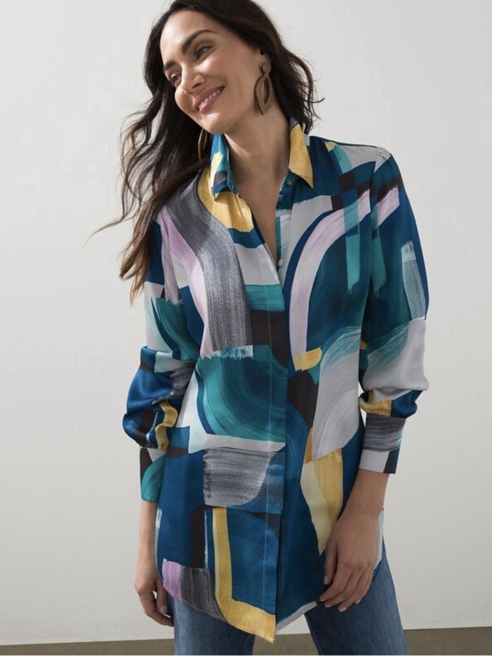 Chico's Abstract Brushstroke Print Long Sleeve Button Top Tunic size large